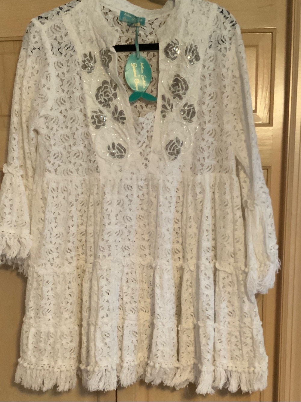 White Lace Tiered Tunic with Silver Floral Accents
